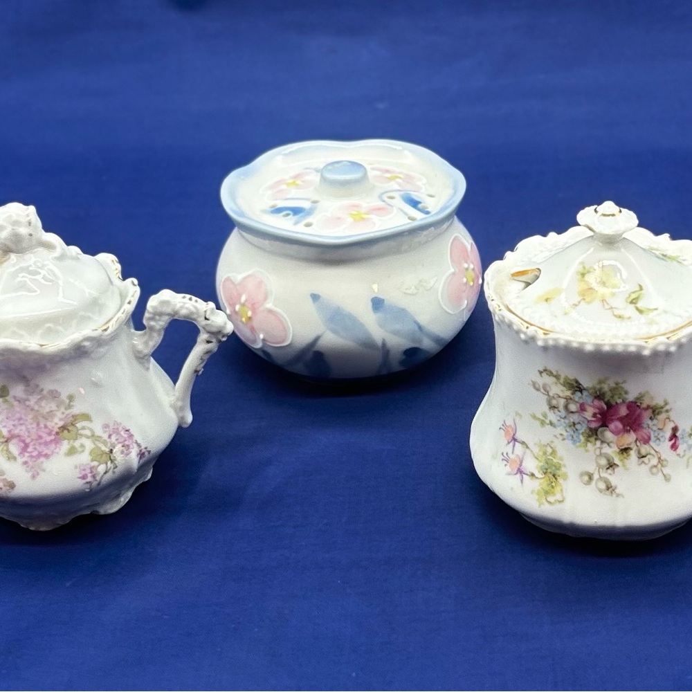 Vintage Porcelain Sugar Bowl and Potpourri Pomander Jar Lot of 3 Floral Decor